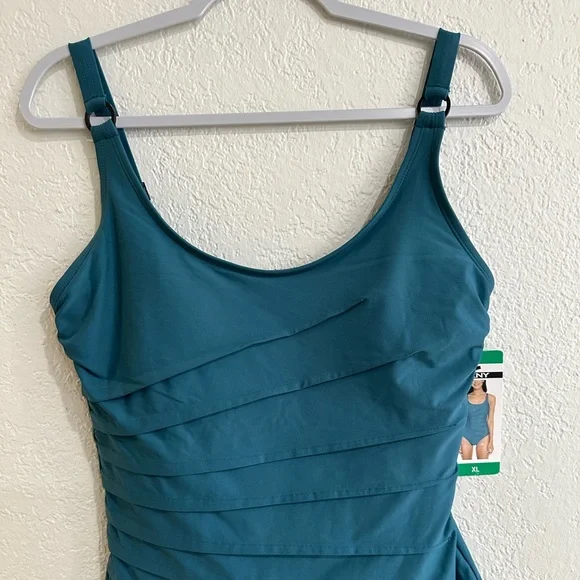 DKNY Teal Ruched One Piece Swimsuit Size XL - Picture 6 of 16